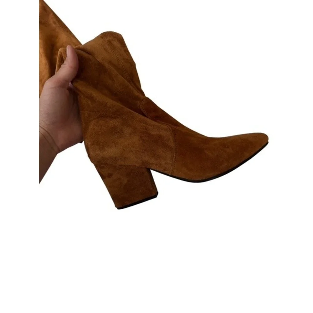 Vero Cuoio Cognac Brown Faux Suede Over The Knee Block Heel Boots Pointed Toe